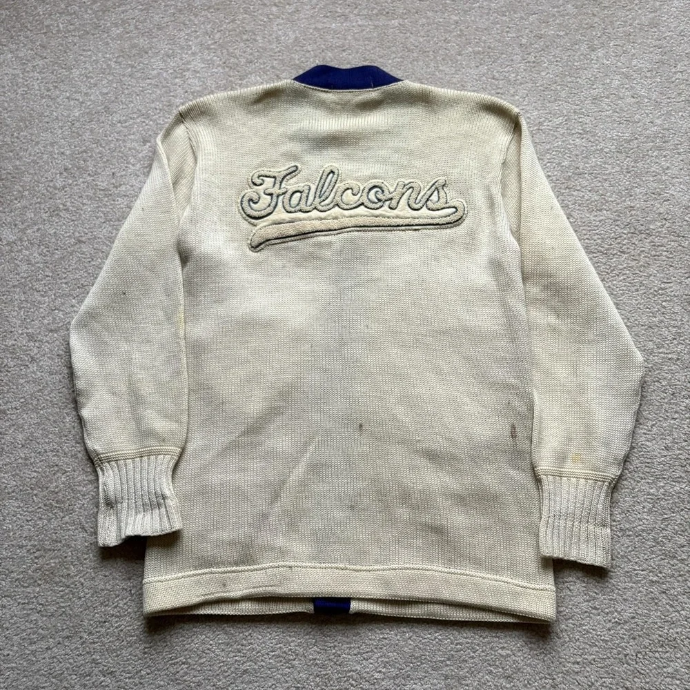 Vintage Falcons Letterman Sweater Mens Medium Cardigan Blue Chenille Patches 60s